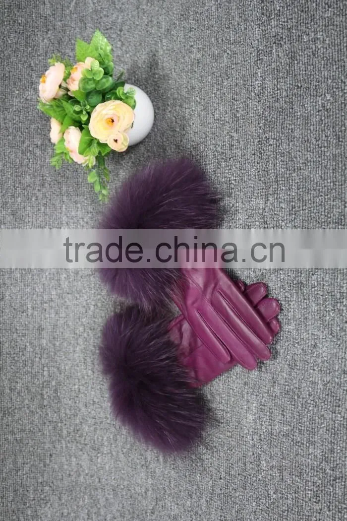 fashion sheep leather gloves women touchscreen raccoon fur cuff leather gloves