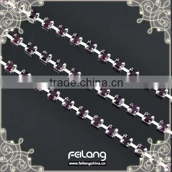 Amethyst clear cup rhinestone chain silver claw,MOQ 50m paypal accepted,wholesale rhinestone chain