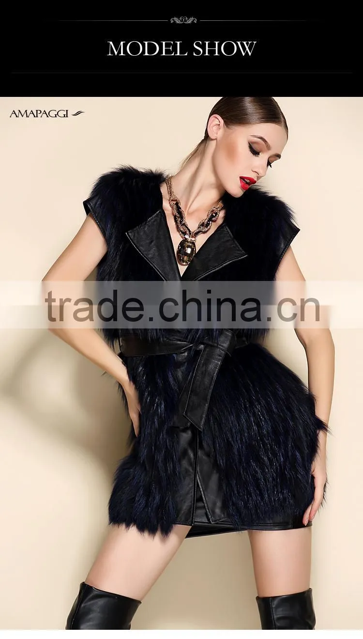 Hot sale dark blue sliver fox fur vest with leather vest