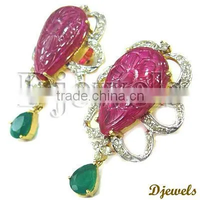 Emerald Diamond Earrings, Diamond Gold Earrings, Gold Jewelry