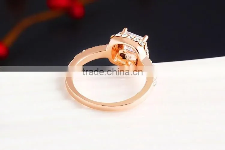 High quality 14k rose gold plated white crystal with big square zircon ladies rings for wedding