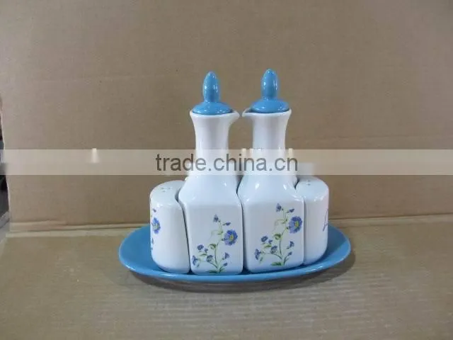 Ceramic grey green oil olive vinegar bottle salt pepper set