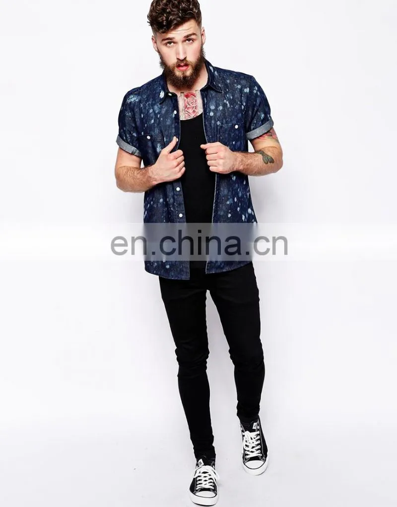 fashion Shirt In Short Sleeve With Bleach Print/cotton fabric mens dress shirts/shirt men short sleeve fashion model-sc325