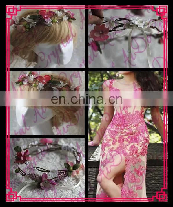 Aidocrystal pink goddess Flower Crown with lace bridal Wedding party hair accessories