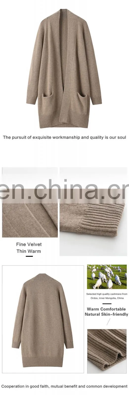 Women's 100% Cashmere Long Casual Knitwear Plus Size Cardigan Fashionable Solid Pattern Winter Sweater with Front Logo