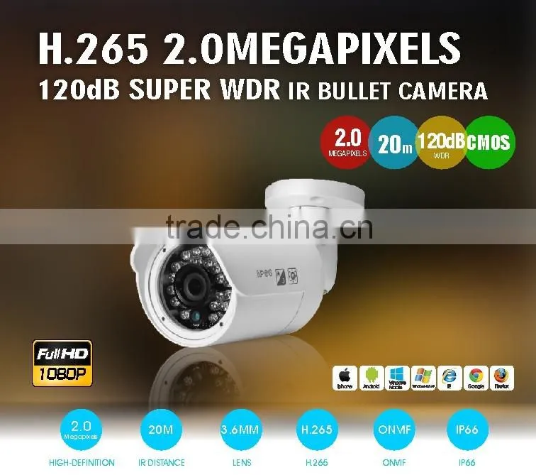 H.265 2.0MP 120dB Super WDR BLC HD IP Color IR Mini Bullet Camera with 2.0 Megapixels Panasonic 34229 CMOS