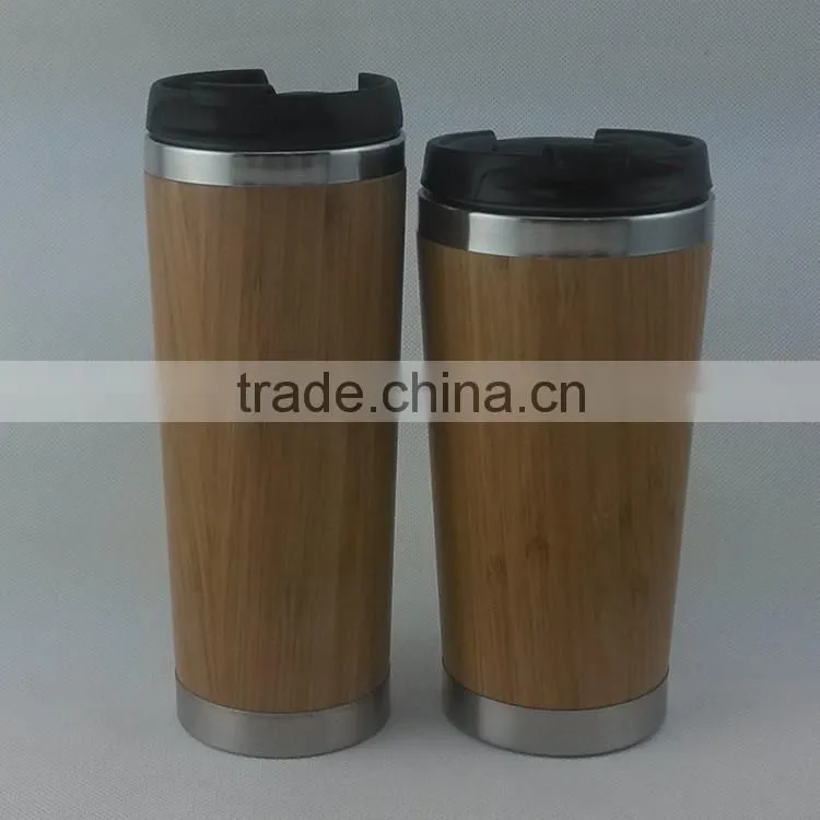 Mlife manufacture good quality 450ml inner 18/8 304 stainless steel outer bamboo vacuum tea mug flask, custom logo