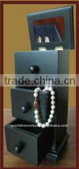 three drawers and top openable black wooden jewelry box