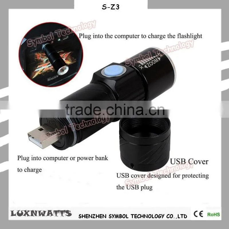 Zoomable 3 light mode portable rechargeable USB charging led flashlight