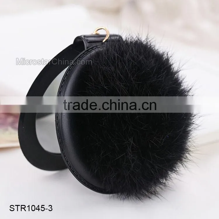 Promotional Gift 8cm Real Rabbit Fur Pocket Makeup Mirror Keychain