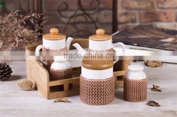 Wholesale Black Ceramic Salt Pepper Oil and Vinegar Set with Wooden Stand