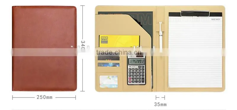 Dongguan factory direct Multi-function file folder with calculator, custom pu leather portfolio with MEMO pad