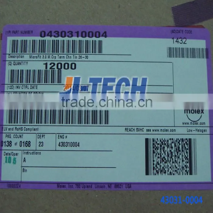 crimp terminal male 43031series connector molex 4 pin connector 43031-0004 with Tin Plated Tin/Brass Alloy Contact 26-30 AWG