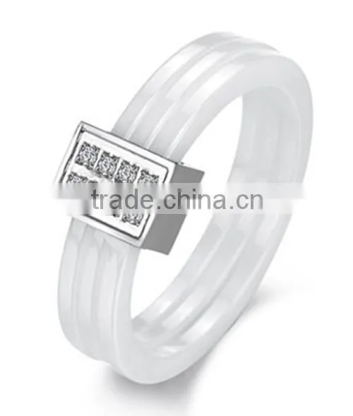 New Women's White Ceramic Wedding Band Ring Sets with Diamond Inlay