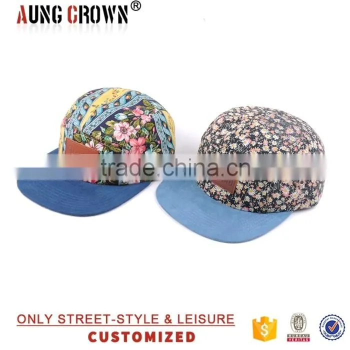 leather patch suede brim floral 5 panel cap