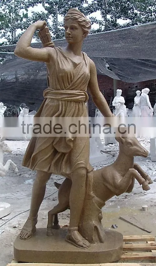 Hand Carved Garden Stone Hunter with Deer Statue