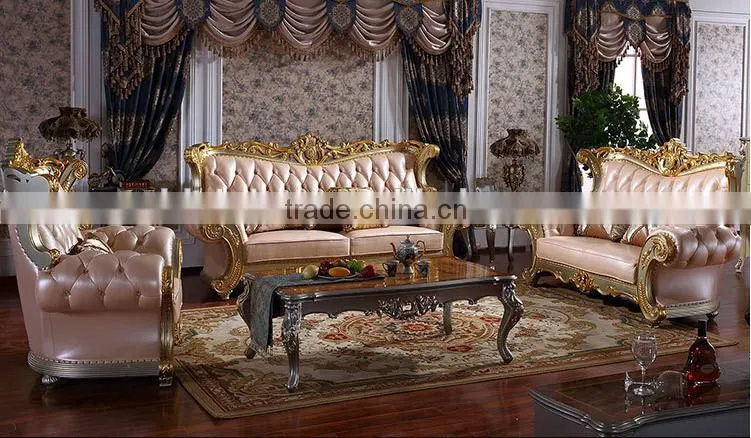 Luxury palace noble living room furniture solid wood hand carved genuine leather sofa set