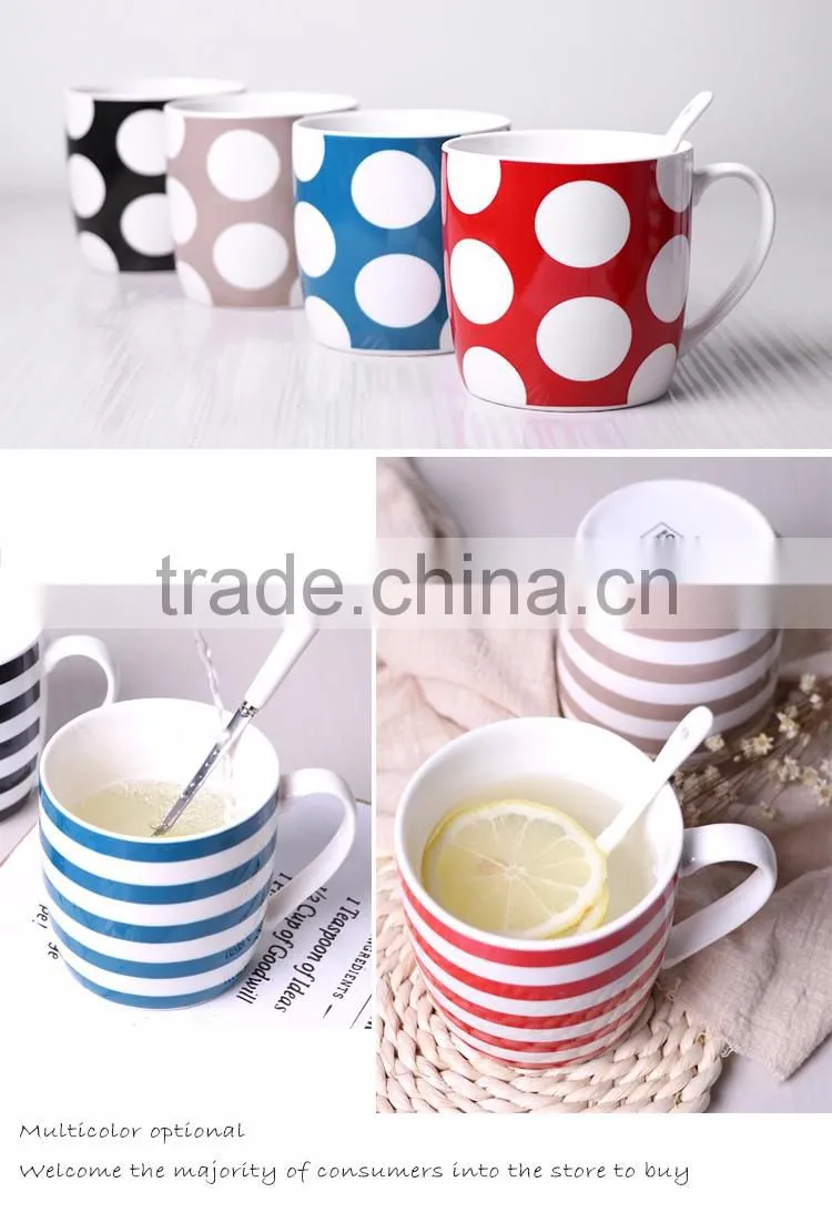 12-Ounce Porcelain Coffee Mug Red (white Dots Stripes grey )