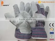 Cow Split Leather Gloves With Patch Palm Stripe Cotton Back