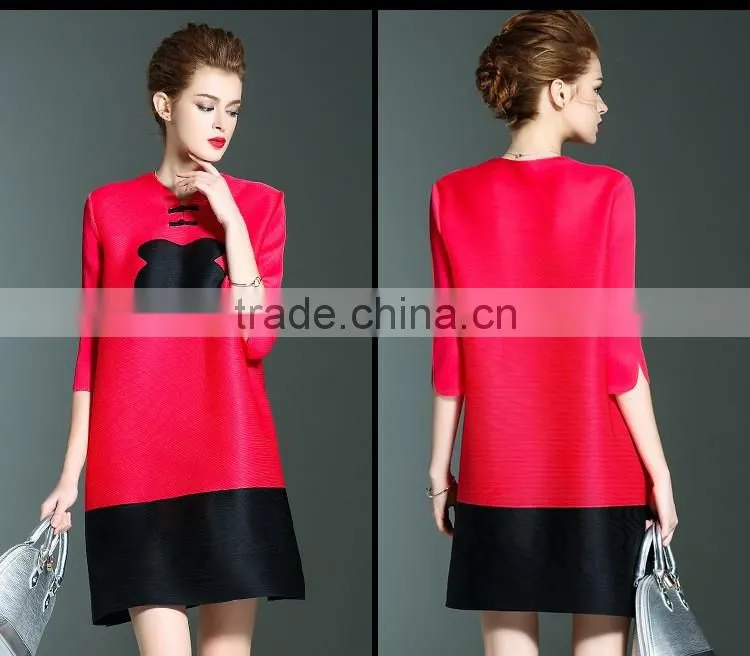 Retro pleat Chinoiserie printed ladies large size dress with two buttons