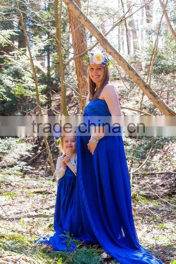 Mommy And Daughter Party Dress Maternity Blue Chiffon Floor Length Gown Dress