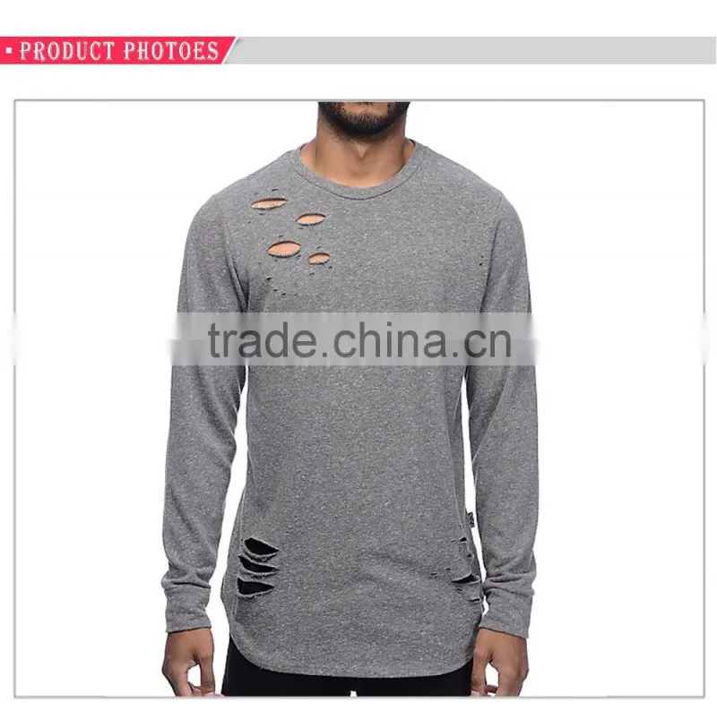 Distressed heathergrey long sleeve knit mens hoodie&sweatshirt