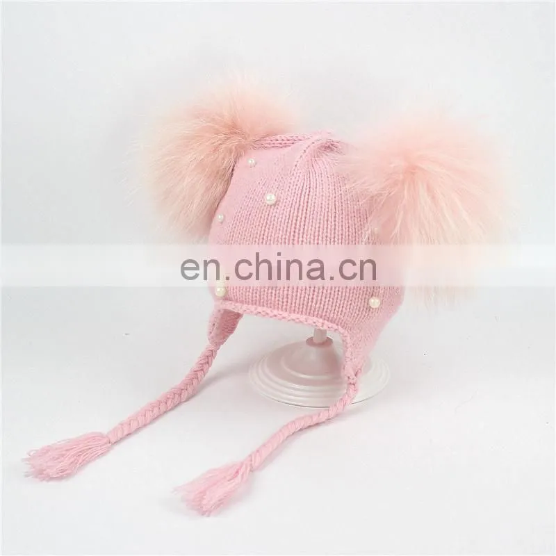 Wholesale Double Raccoon Fur Poms Cap Kids Hat With Fur Pom Pom