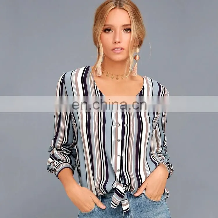 High quality trendy style striped long sleeve knotted shirt lady colorful blouse &top
