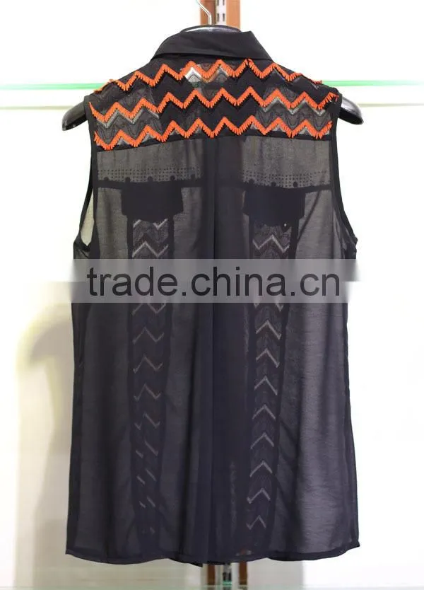 Women's corrugated sleeveless chiffon tops with a shirt collar