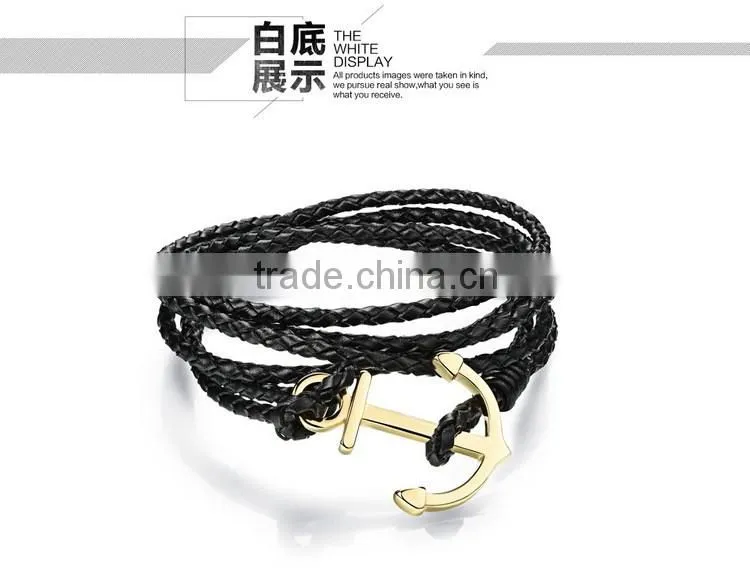 Multilayer handmade woven leather bracelet stainless steel gold boat anchor alloy charms man anchor bracelets