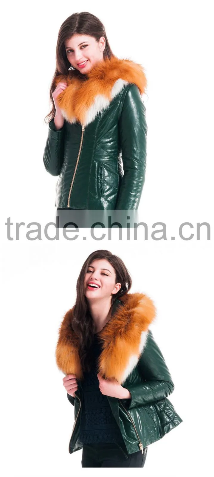 New Design Winter Women Short Slim Fit Leather Jacket With Red Fox Hat Overcoat
