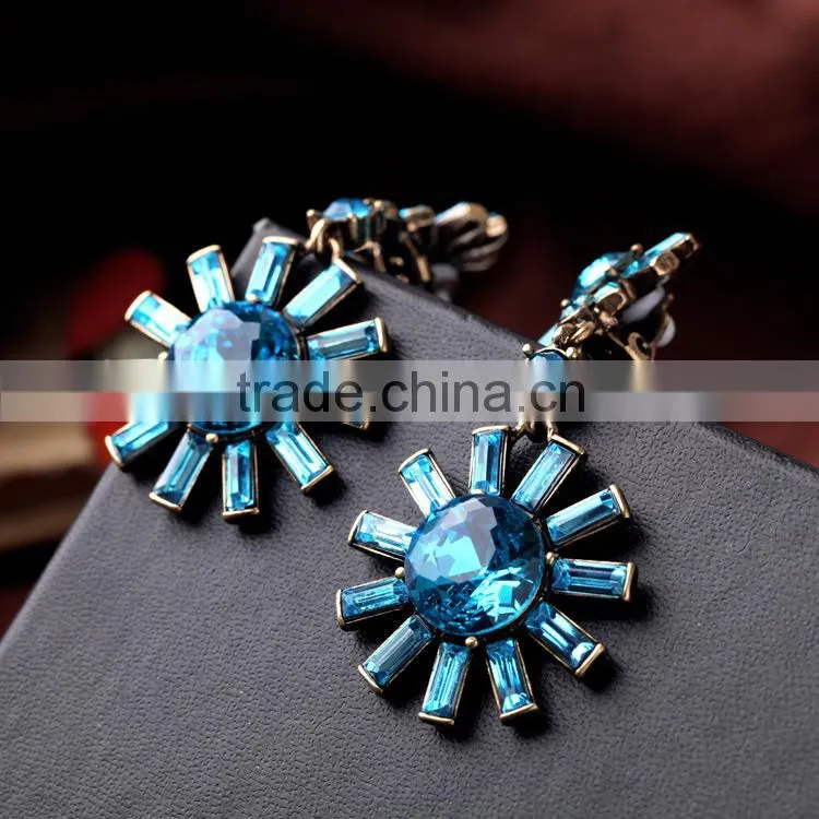 Blue gemstone sun flower earrings, wedding earrings, heavy earrings