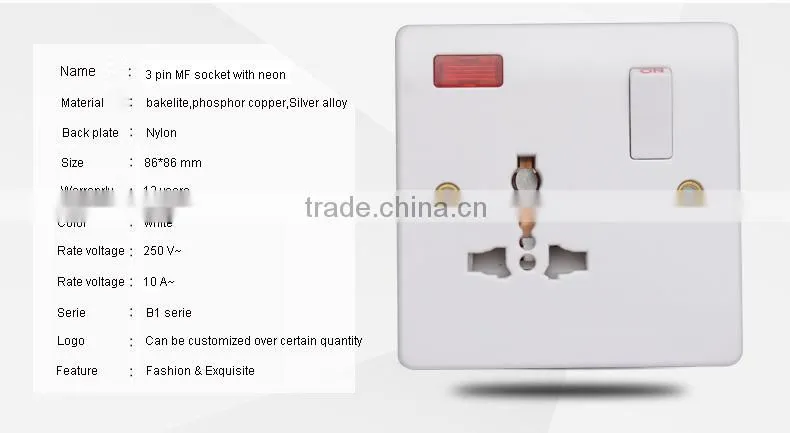 10A 3 pin MF socket,male electrical wall socket
