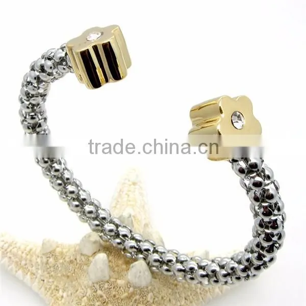 Trendy Women Two Tone Stainless Steel Cuff Bracelet Crystal Flower Bangle Jewelry