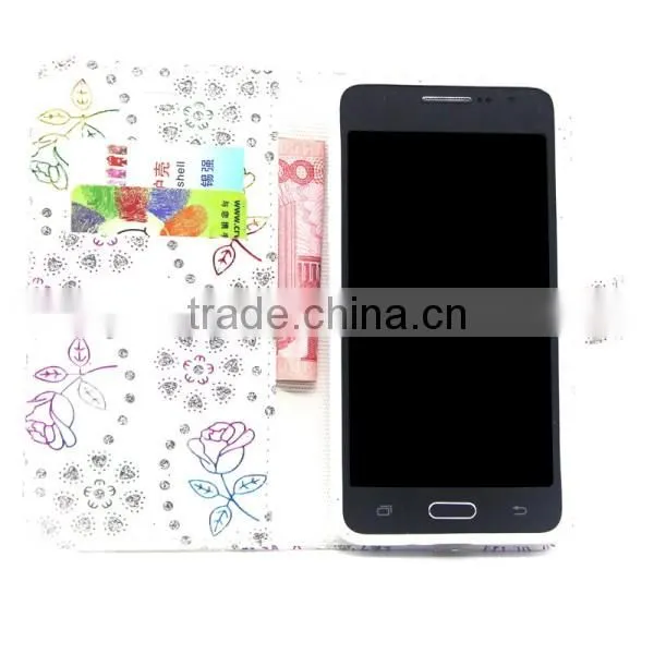 2016 Wallet Style Flip Glitter Stand PU Leather Case for Samsung G530, cell phone covers