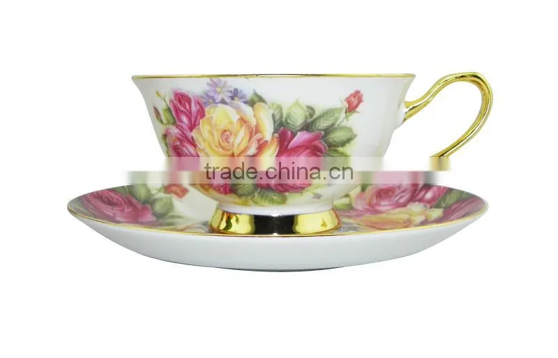 High Quality 200ml Bone China European Style Flower Pattern Coffee Mug with Saucer Set for Valentines Gift