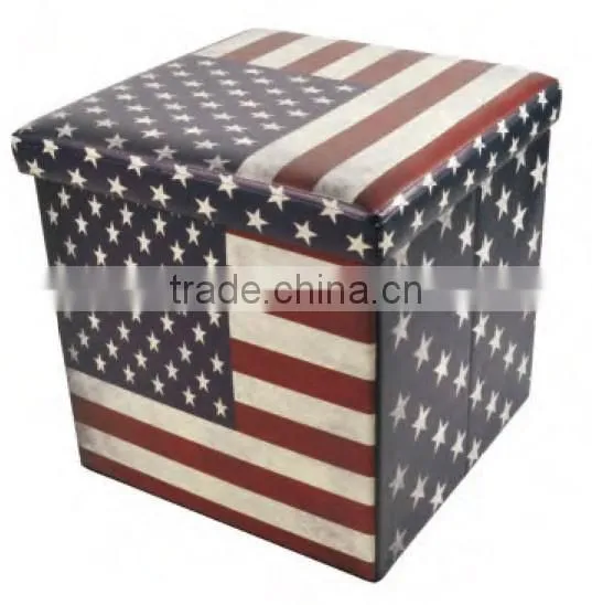 Faux Leather Folding Storage Ottoman with U.S.Flag Footrest Coffee Table