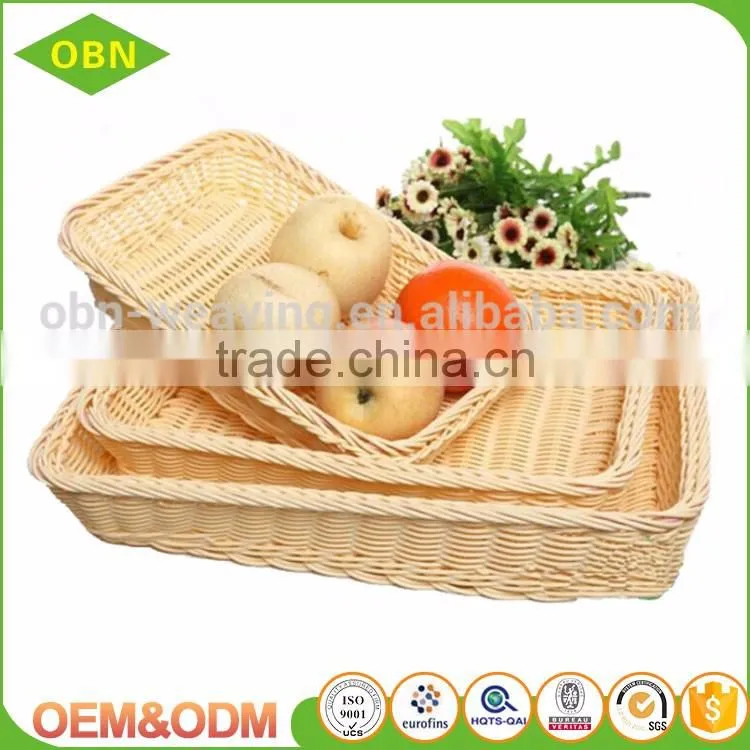 Customized food storage hand woven empty plastic poly rattan bread fruit vegetable display basket