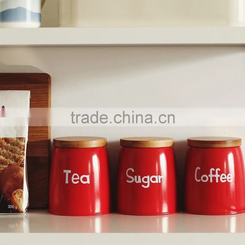 Hot Sales Set of 3 Attractive Home Metal Sugar Tea Coffee Canisters with bamboo lid