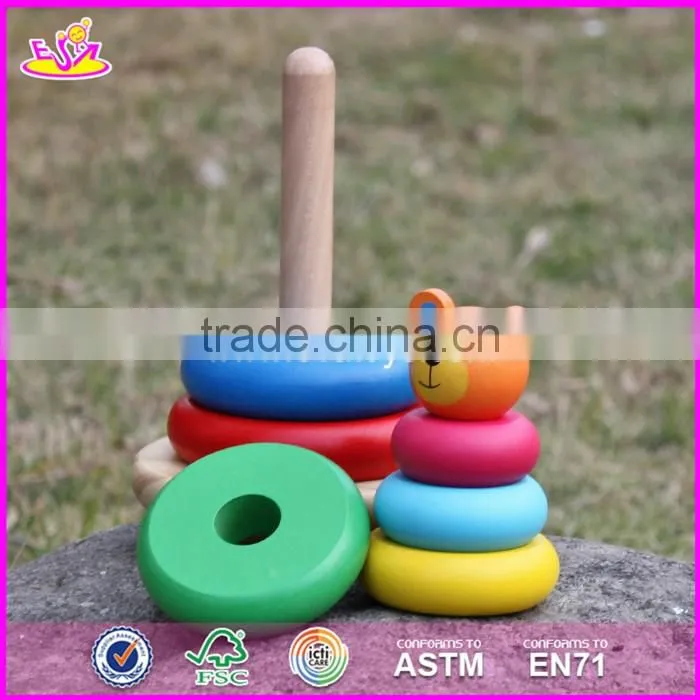 2017 new design colorful bear educational wooden baby stacking rings W13D137