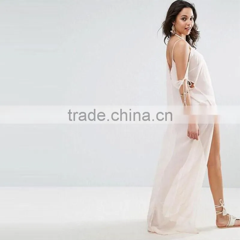 2017 Summer Women Sexy Maxi Beach Kaftan Cold Shoulders Transparent Chiffon Dress HSm9087