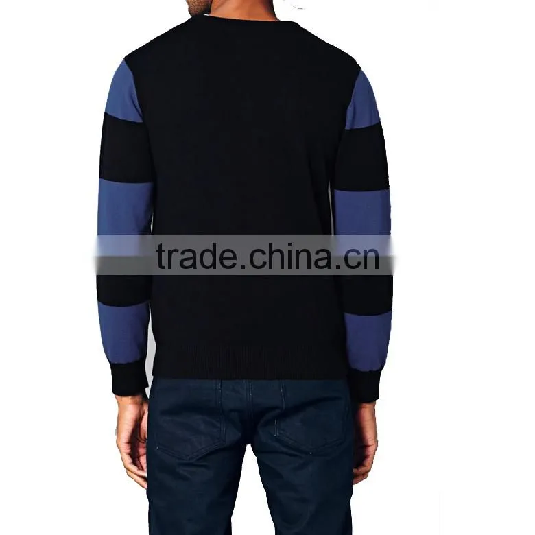 Navy stripes long sleeve fine knit crew neck cotton sweater pullover male