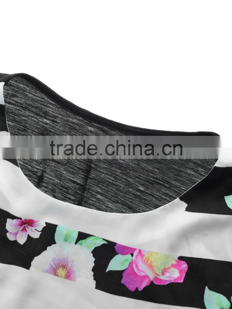Women's Knitted Woven Combined Stripe Printing Short Sleeve Loose T Shirt Wholesale
