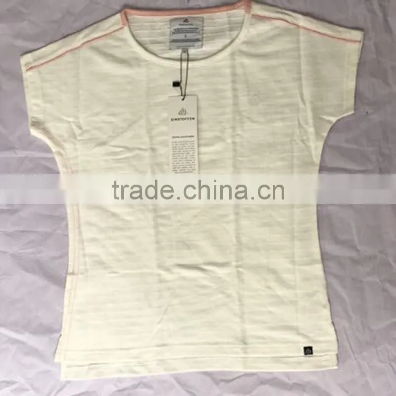 Ladies White Side Slit Dip Hem Striped Cotton T-Shirt