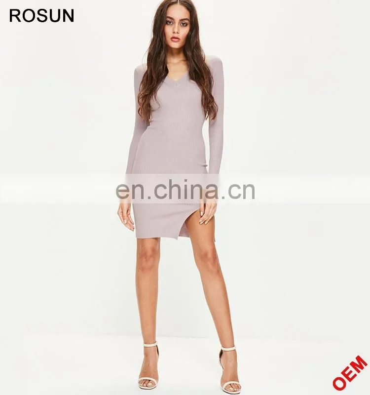 ROSUN China Factory OEM Cut Out V Neck Ribbed Midi Sweater Dress