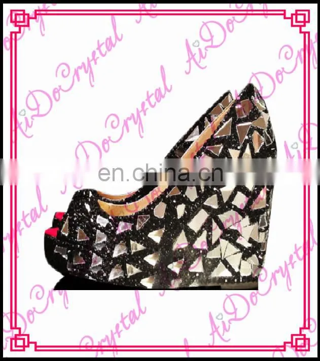 Aidocrystal handmade sparkling black with nest hollows crystal wedge shoes for lady