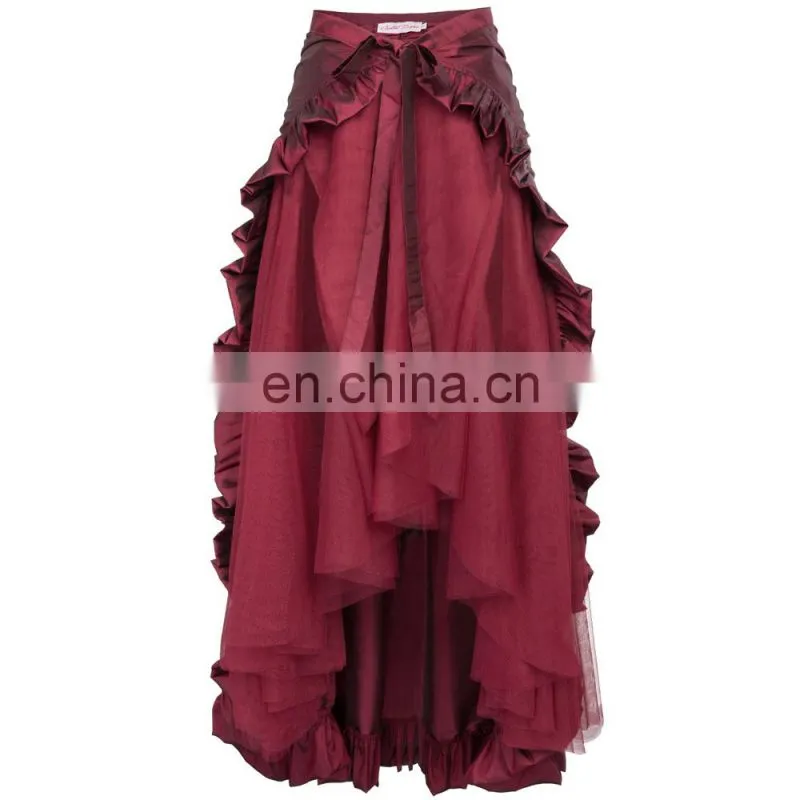 Belle Poque Steampunk Retro Victorian Punk Cincher Wine Red Lace up Long Ruffle Open Pencil Skirt BP000206-3