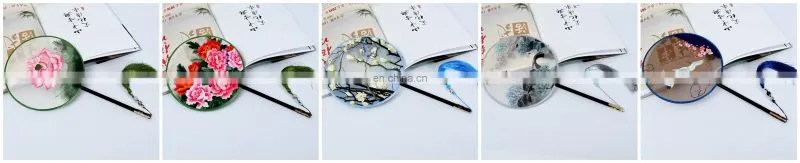 Chinese style multi-pattern silk embroidery dual-faced handmade round fan with long handle and tassel pendant(19*37cm)