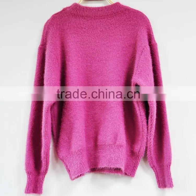Pink roll neck knitted mink hair sweater for girls
