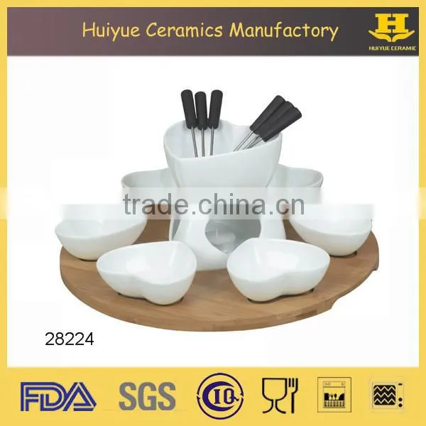 ceramic chocolate fondue set with bamboo base